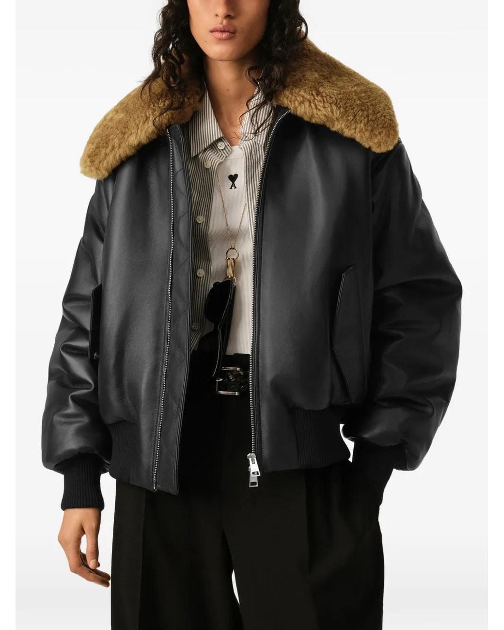 AMI Black Lamb Leather Padded Jacket