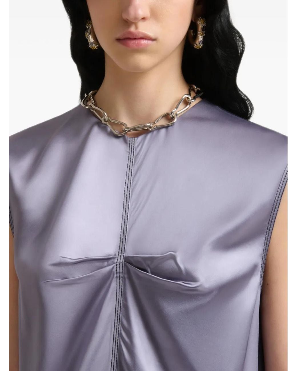Marni Purple Satin Sleeveless Dress With Contrast Stitching