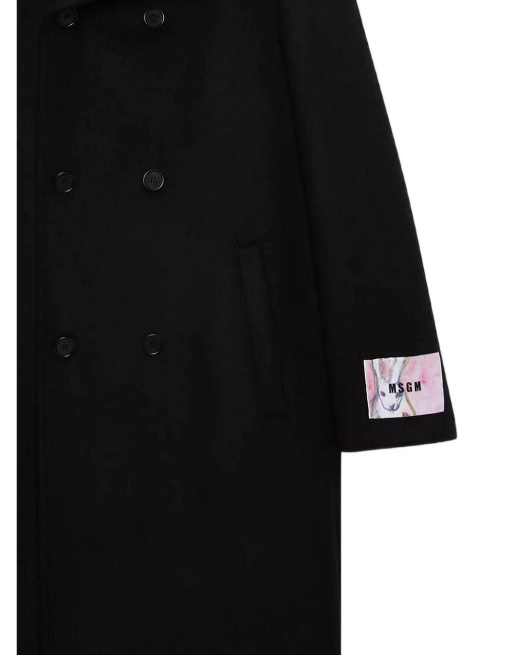 MSGM Black Double-Breasted Logo-Patch Coat for men
