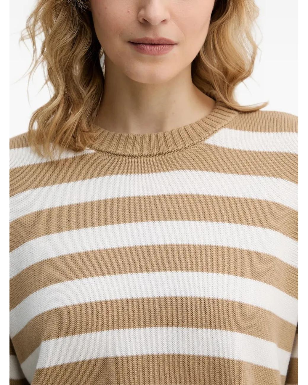 Benetton Natural Striped-Knit Side-Slit Sweater