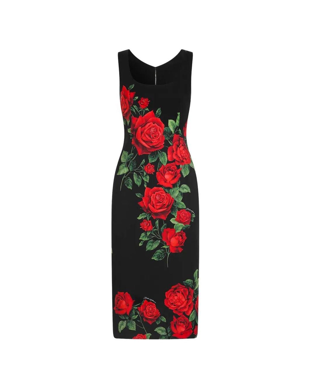 Dolce & Gabbana Red Sleeveless Midi Dress With Rose Print