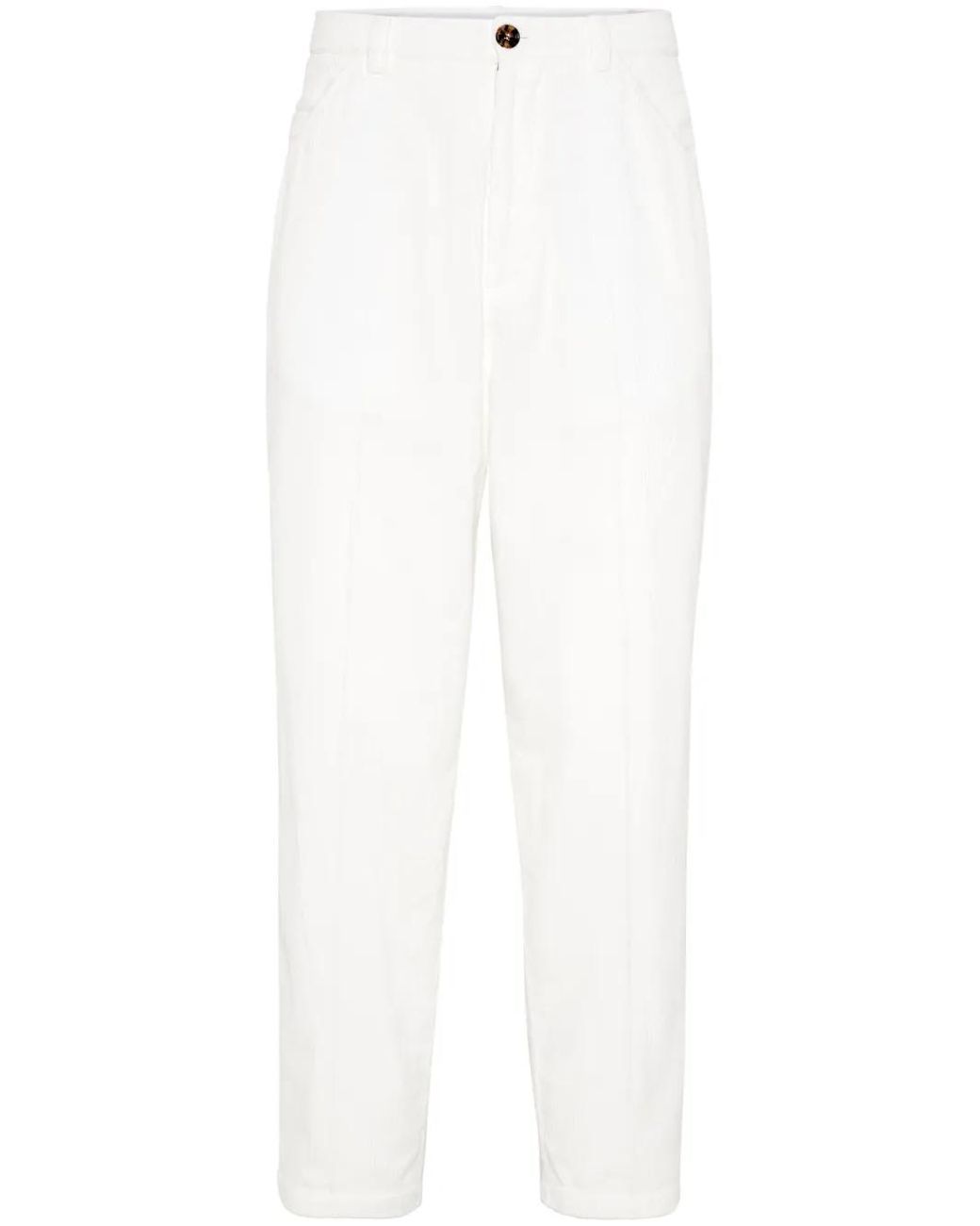 Brunello Cucinelli White Corduroy Velvet Trousers for men