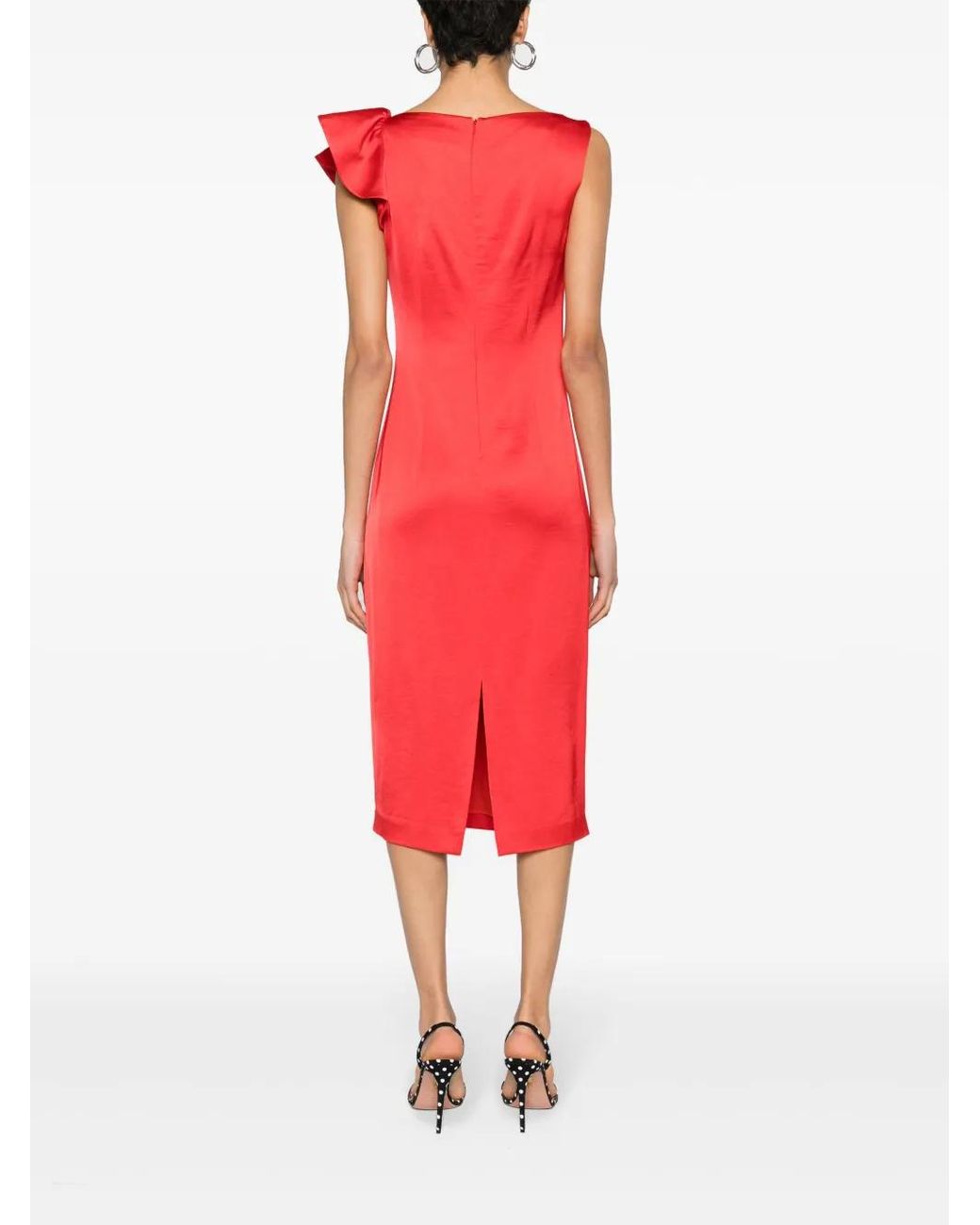 Nissa Red Draped-Detailing Satin Midi Dress
