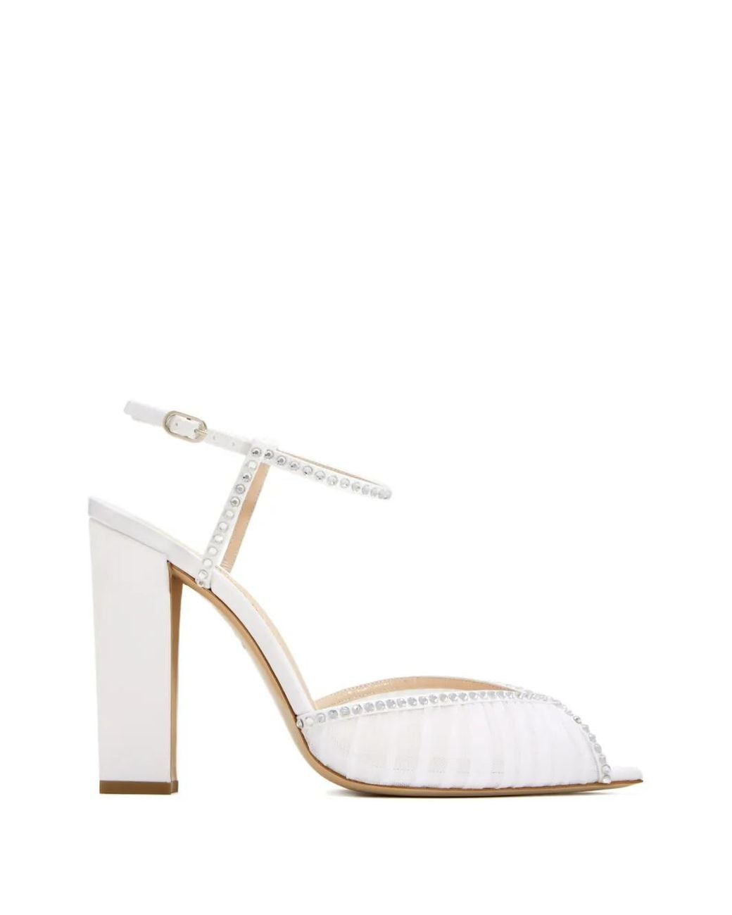 Andrea Wazen White Katy Rhinestone Block Heel Sandals