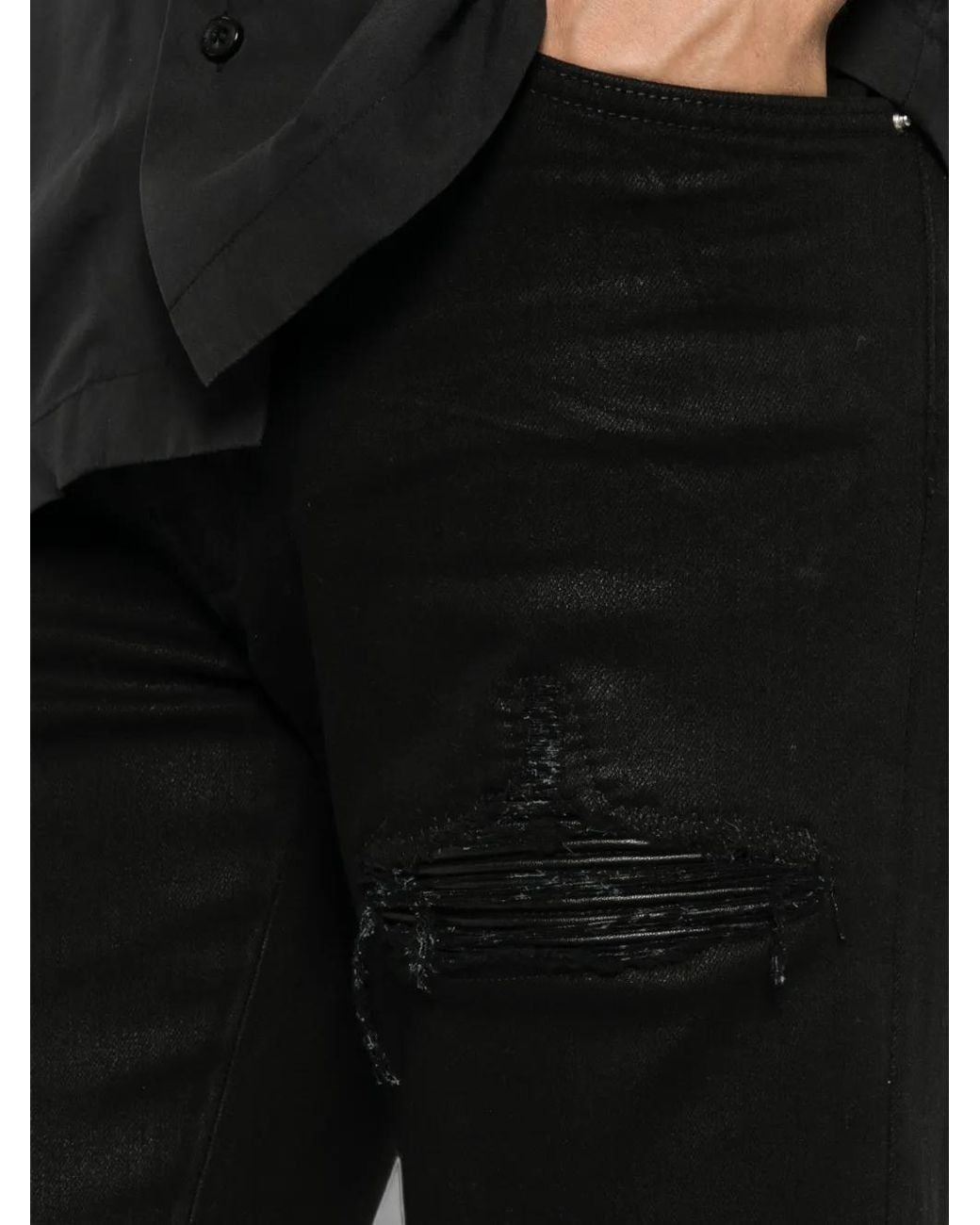 Amiri Black Distressed-Effect Coated Jeans for men