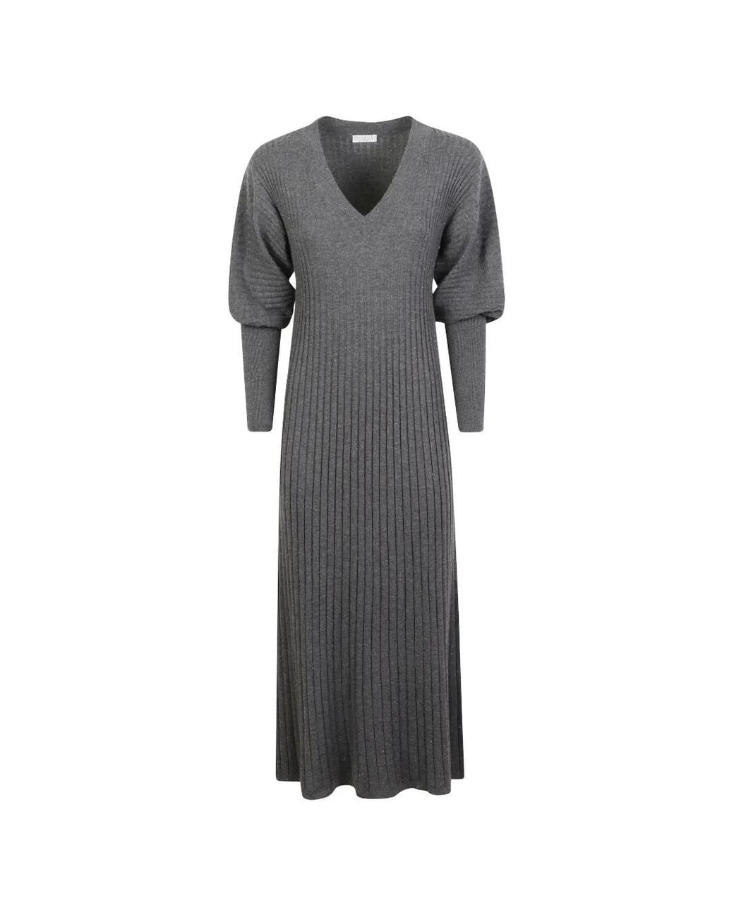 Brunello Cucinelli Gray Ribbed-Knit V-Neck Dress