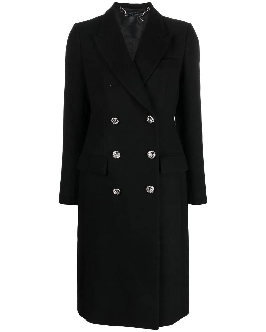 Philipp Plein Black Double-Breasted Mid-Length Coat