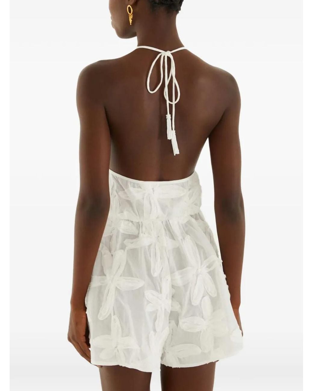 Farm Rio White Floral-Appliqué Halterneck Playsuit