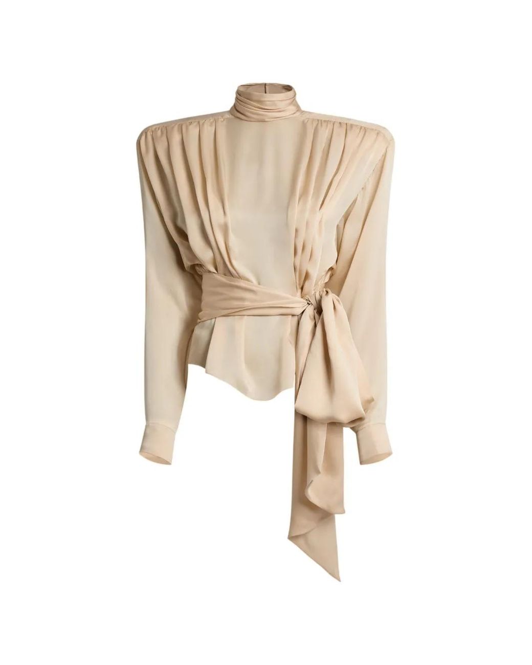 Balmain Natural Silk Charmeuse Blouse With Padded Shoulders And Tie