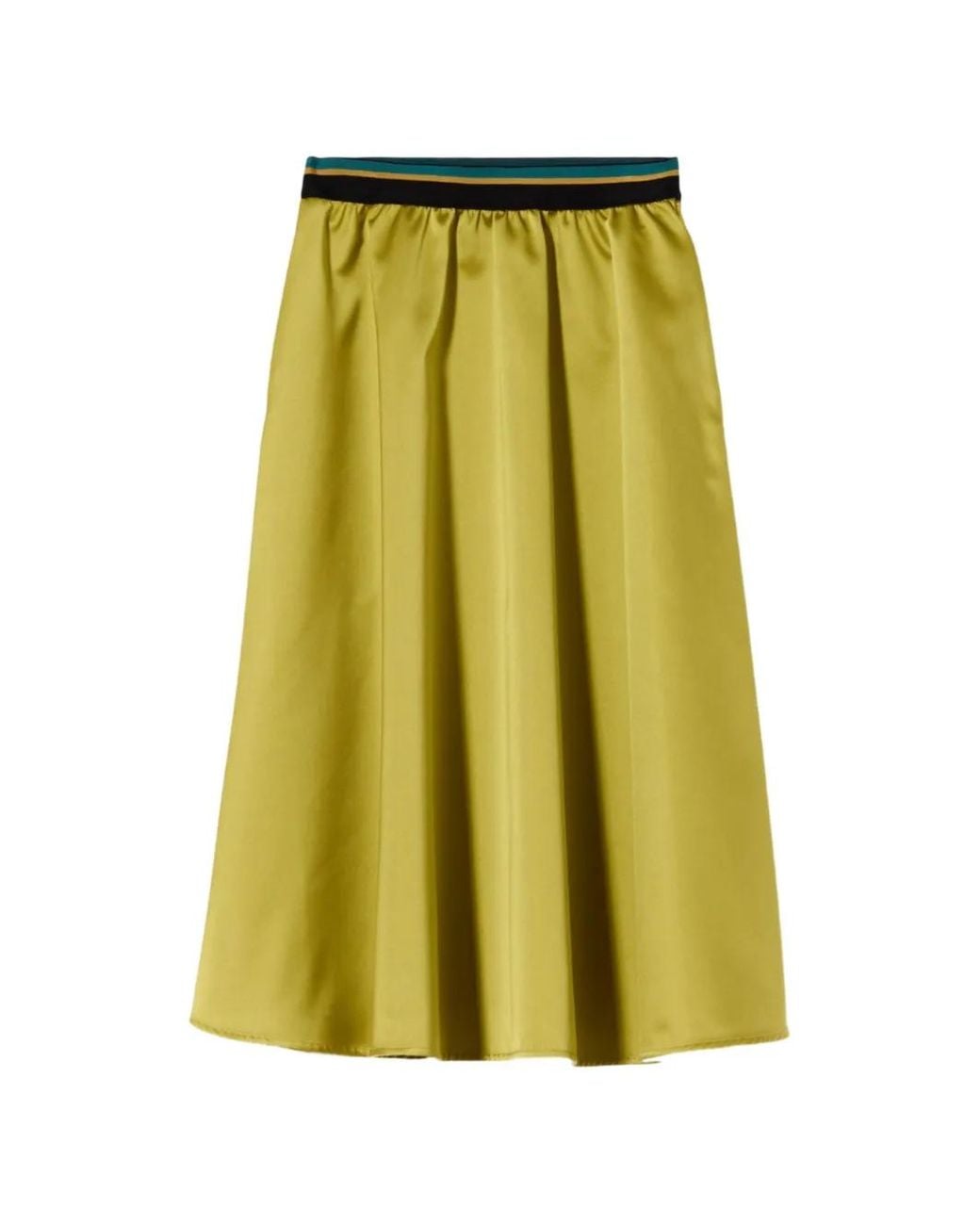 Plan C Green Citron Duchesse Striped-Waistband Flared Midi Skirt