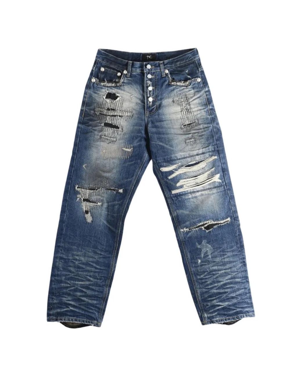THUG CLUB Blue Distressed-Patchwork Jeans for men