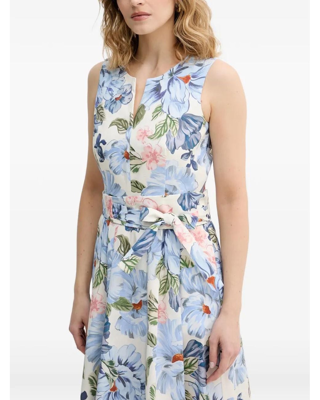 Ouí Blue Floral-Print Belted Midi Dress