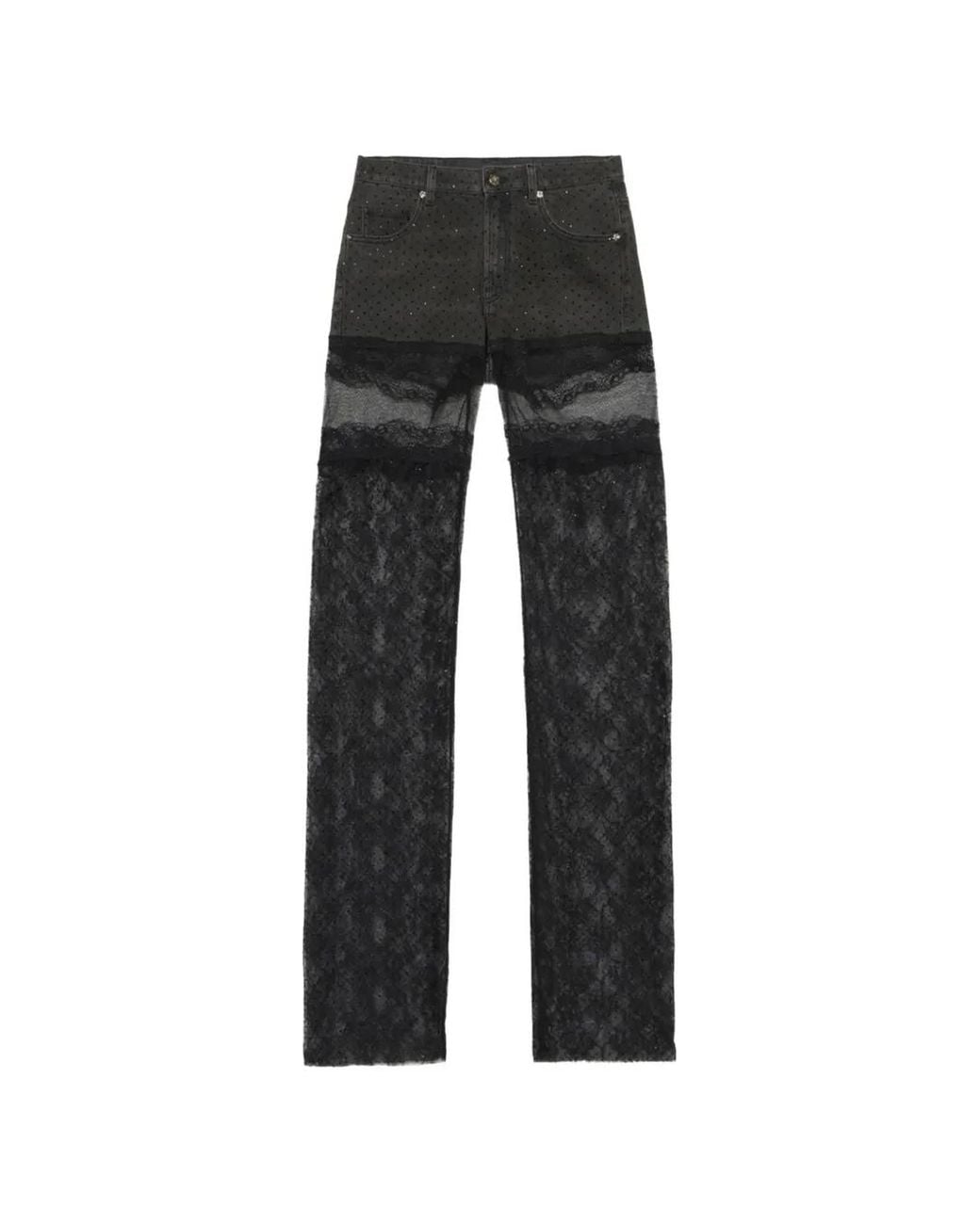 Blumarine Black Lace-Panelled Rhinestone-Embellished Jeans