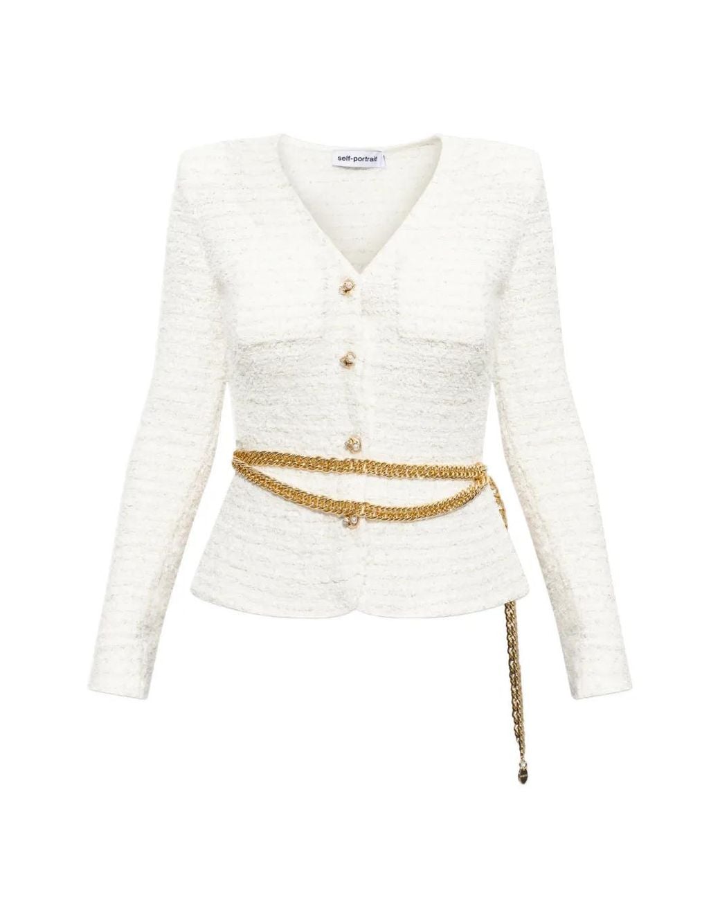 Self-Portrait White Belted Bouclé-Effect Jacket