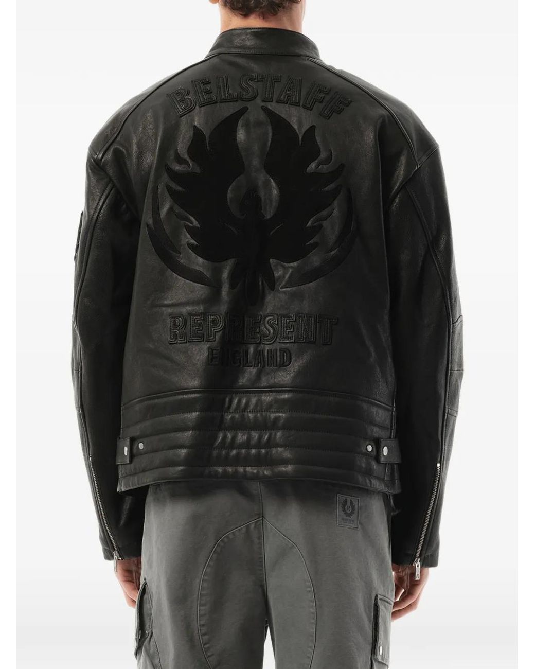Represent Black Belstaff Cafe Racer Embroidered Biker Jacket for men