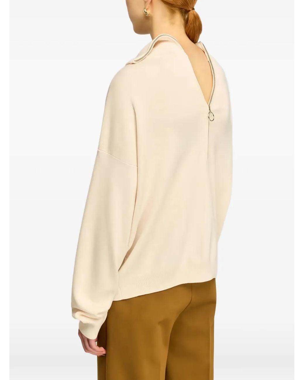 Semicouture Natural Zip-Back Foldover-Collar Sweater