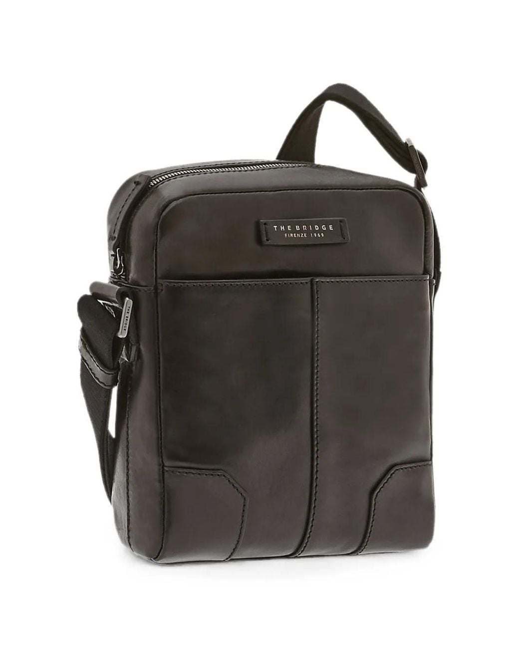 The Bridge Black Logo-Patch Leather Zip Up Messenger Bag for men