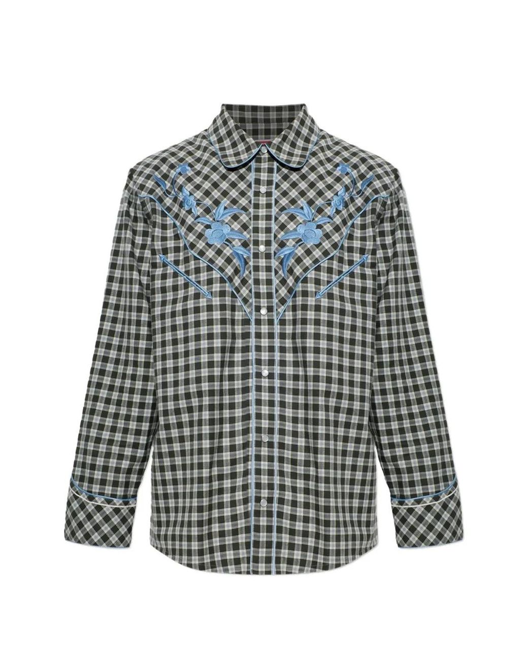 KENZO Black Wildflower Floral-Embroidered Checked Shirt