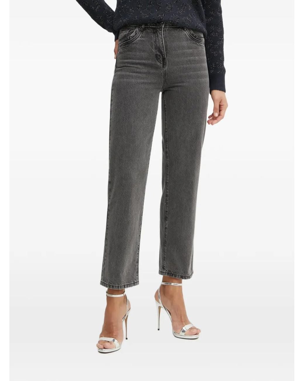 Morgan Gray Rhinestone-Embellished Straight-Leg Jeans