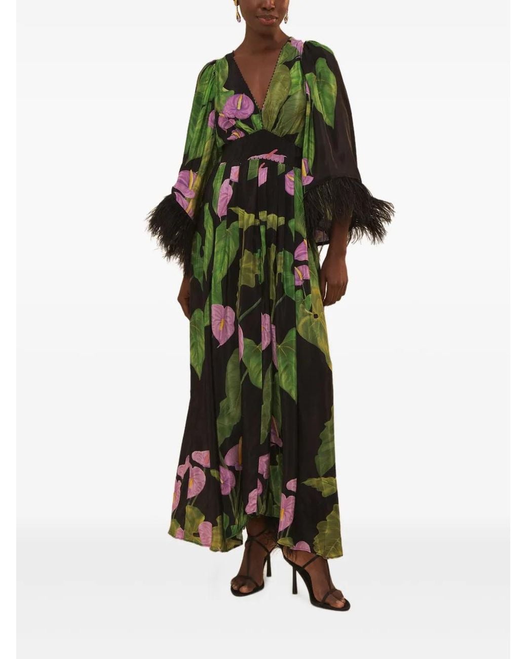 FARM Rio Feather-Trimmed Floral-Print Maxi Dress in Green | Lyst