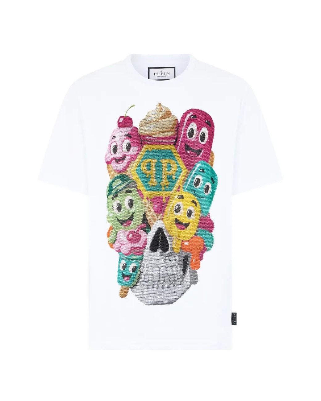 Philipp Plein White Round Neck T-Shirt Little Ice Cream Skull for men
