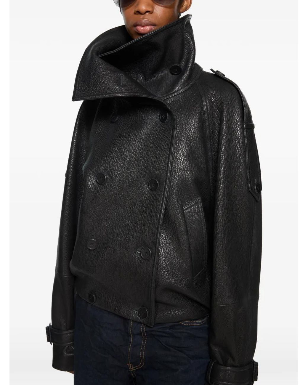 Acne Black Cropped Leather Trench Coat
