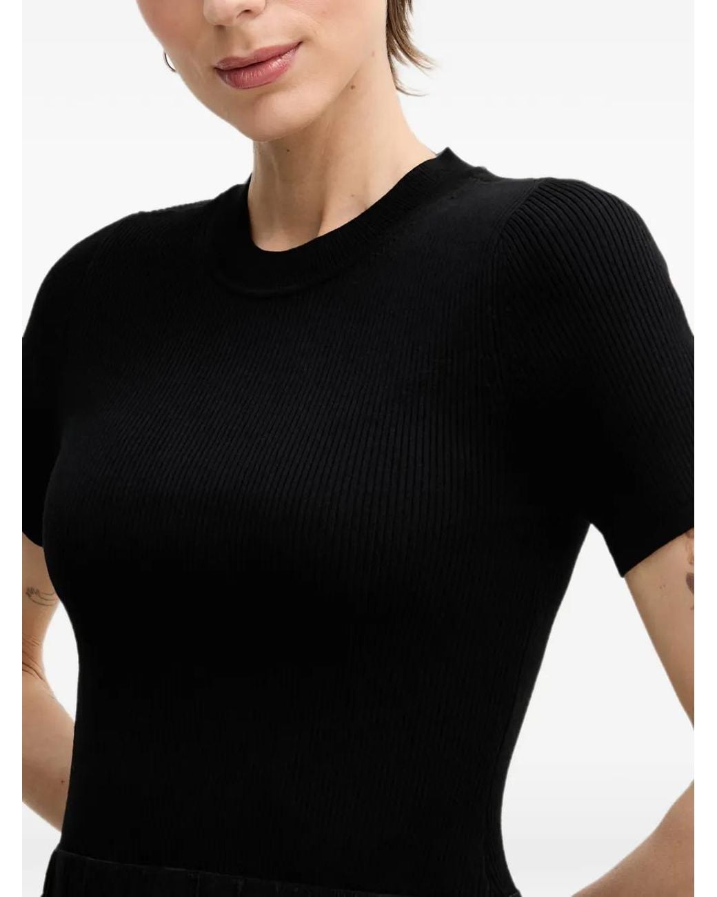 DKNY Black Ribbed Round-Neck Mini Dress