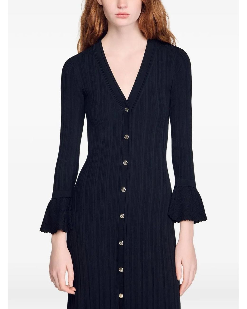 Sandro Black Long Knit Dress With Ruffles