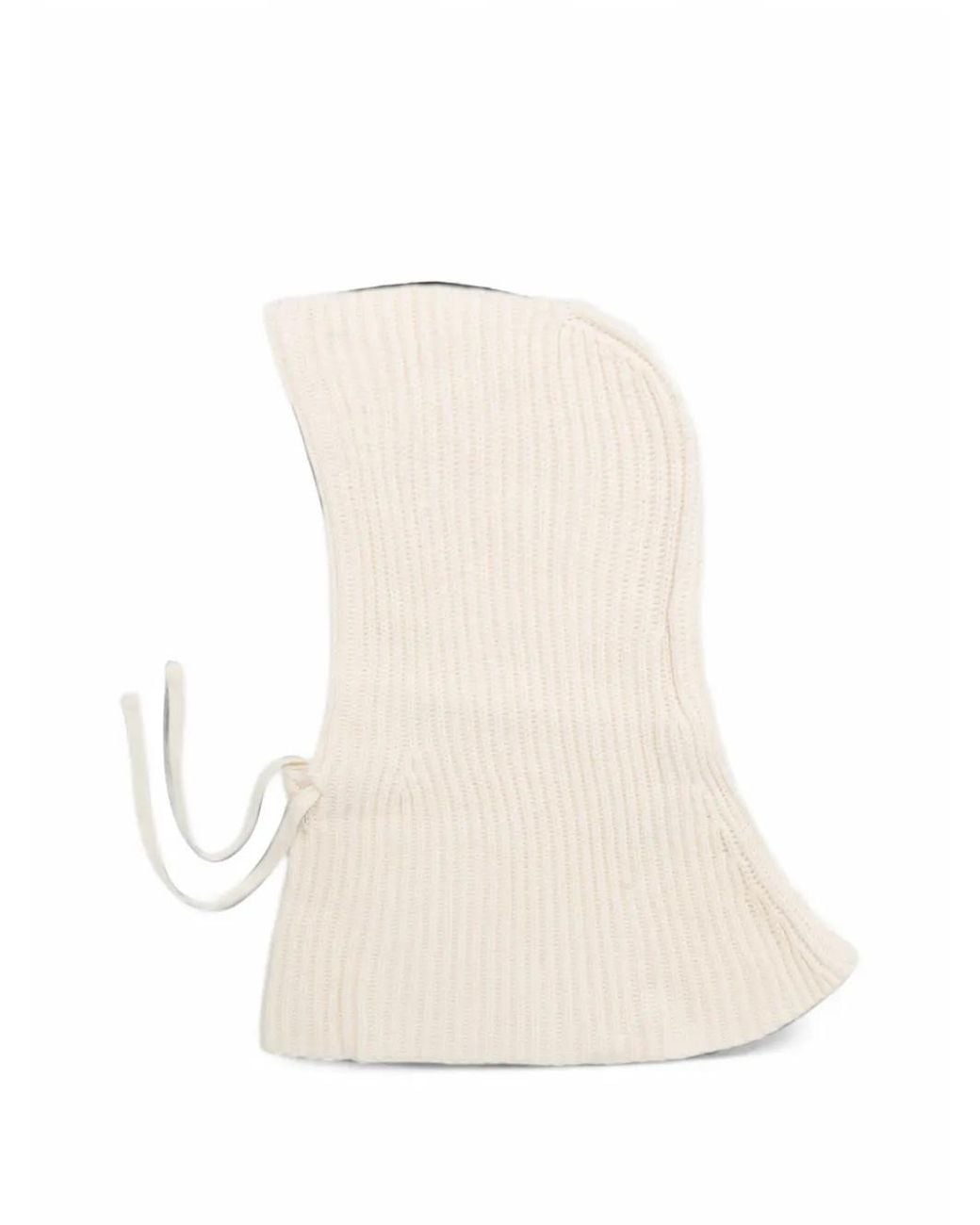 Pinko White Ribbed-Knit Drawstring Balaclava