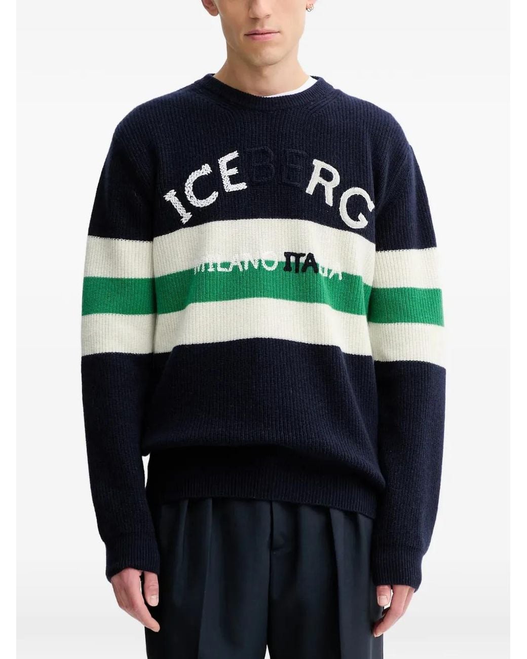 Iceberg Blue Intarsia Striped Sweater for men