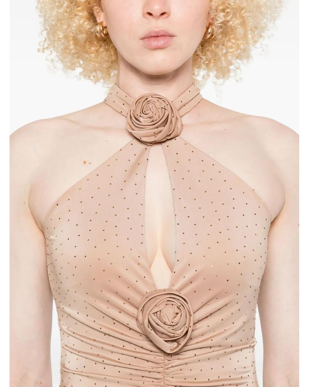 Nissa White Rose-Embellished Ruched Maxi Evening Dress