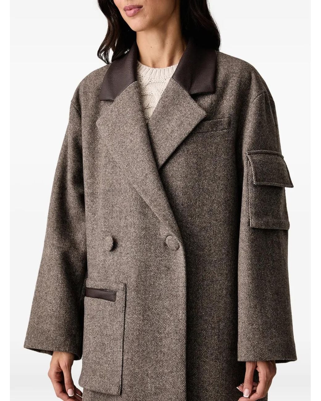 ARMANI EXCHANGE Brown Herringbone-Pattern Double-Breasted Coat