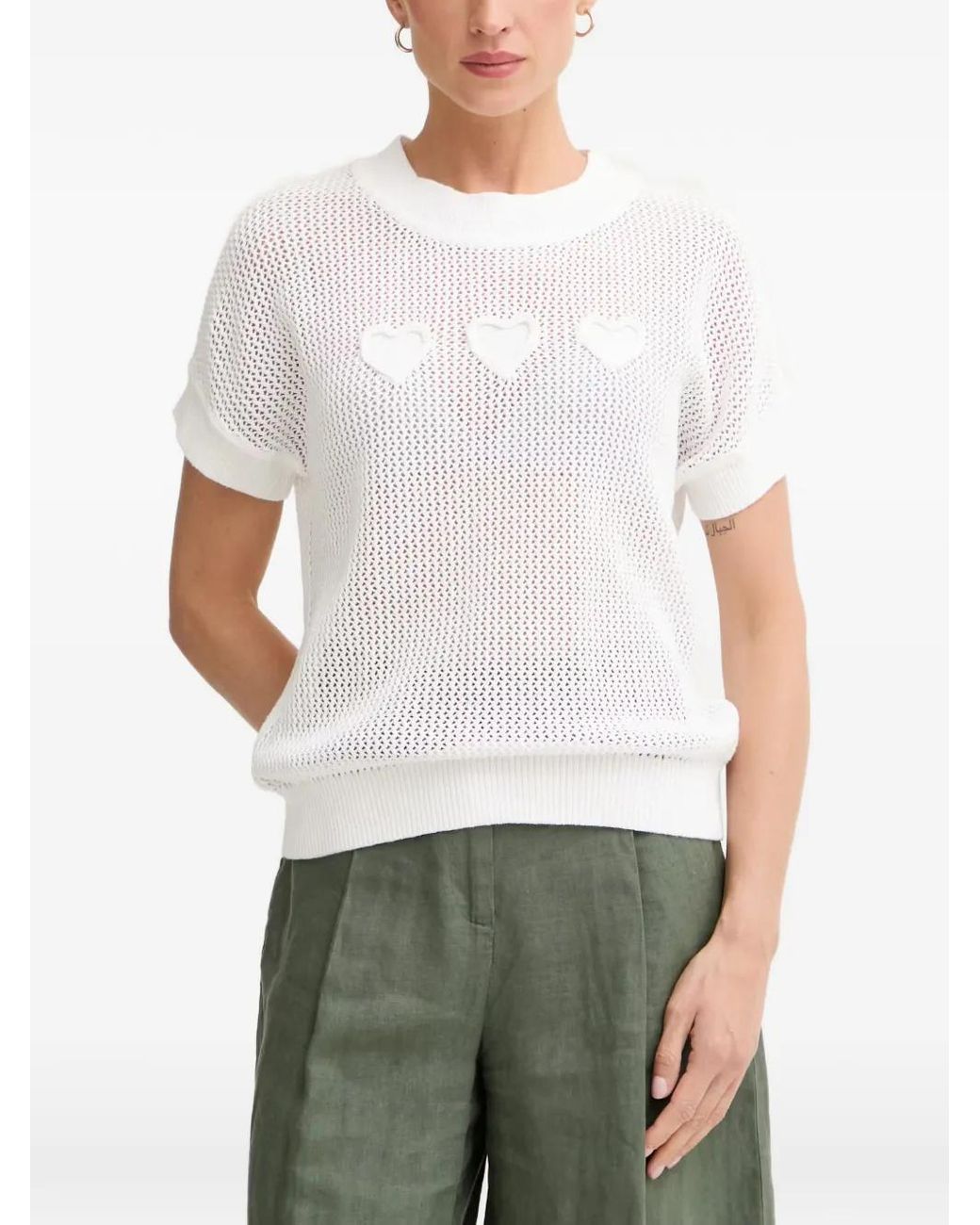 MARC AUREL White T-Shirt En Maille Ajourée À Motif Cœur