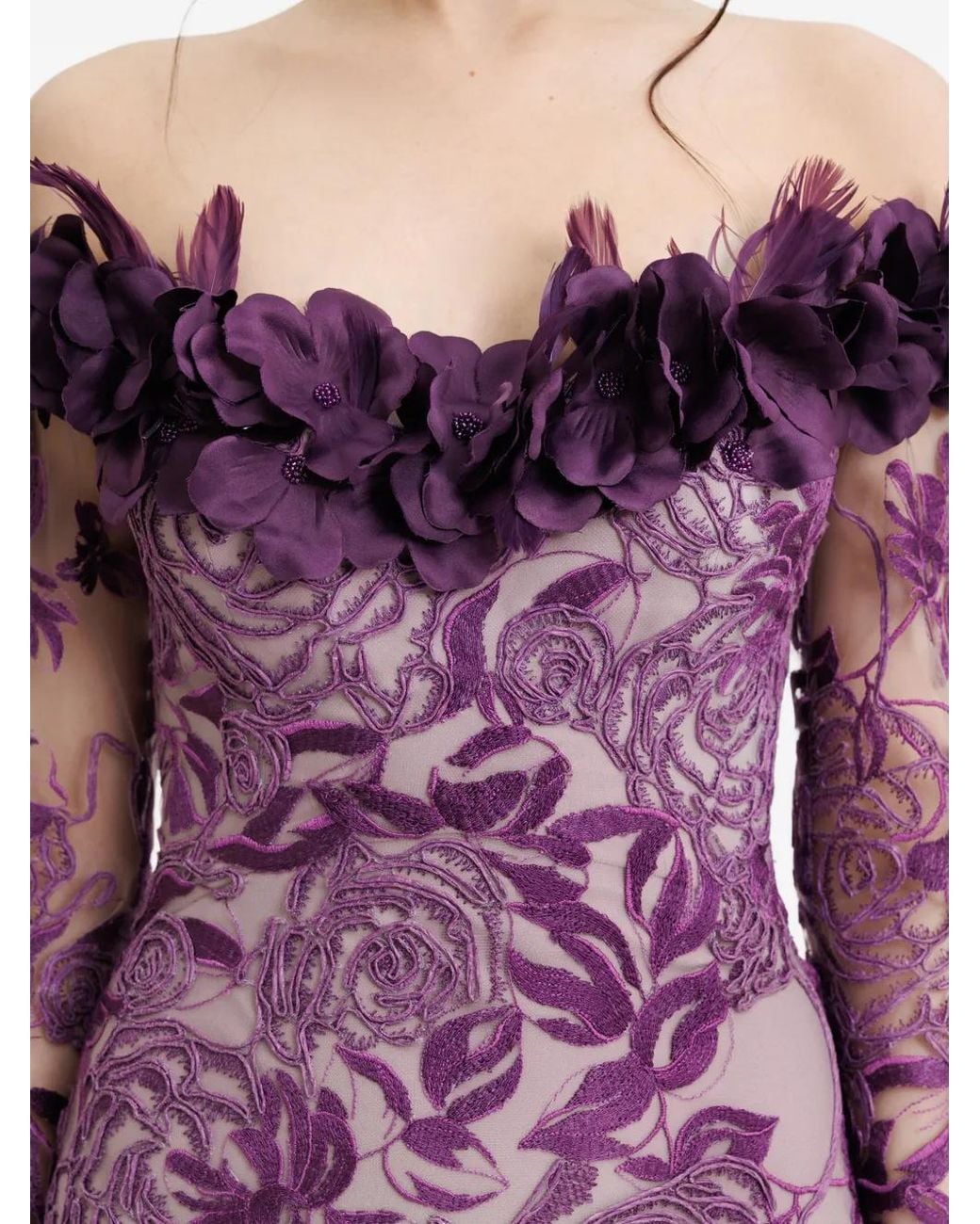 Gemy Maalouf Purple Floral-Pattern Off-The-Shoulder Maxi Dress