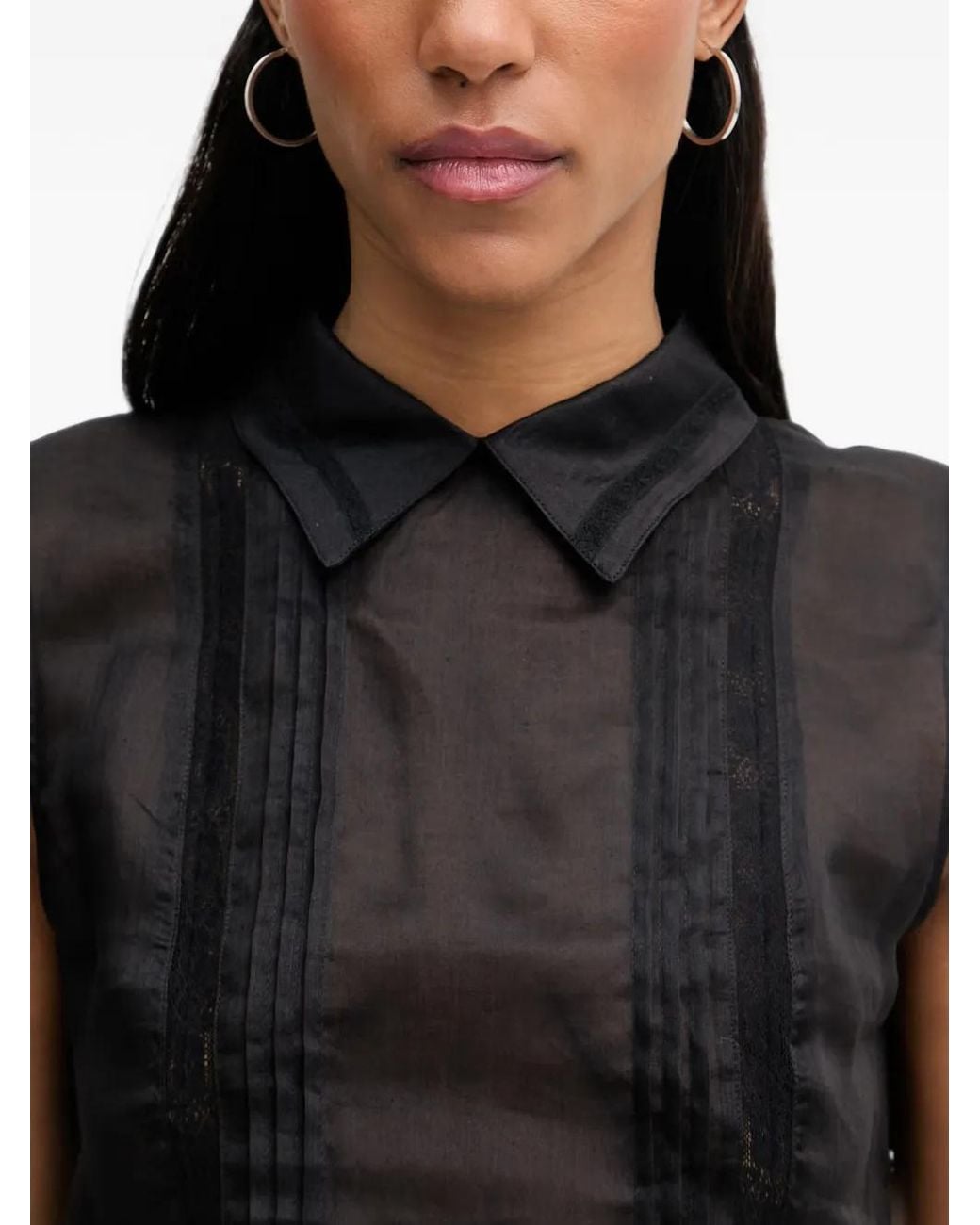 Isabelle Blanche Black Pintuck-Detail Lace-Trim Top