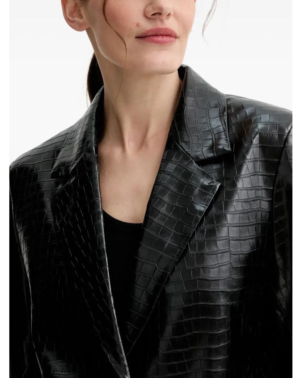 Isabelle Blanche Black Crocodile-Embossed Button-Up Blazer