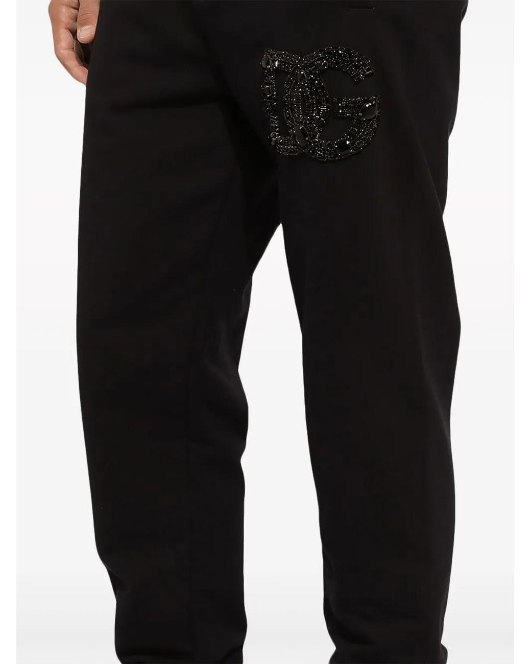 Dolce & Gabbana Black Crystal-Embellished Cotton Track Pants for men