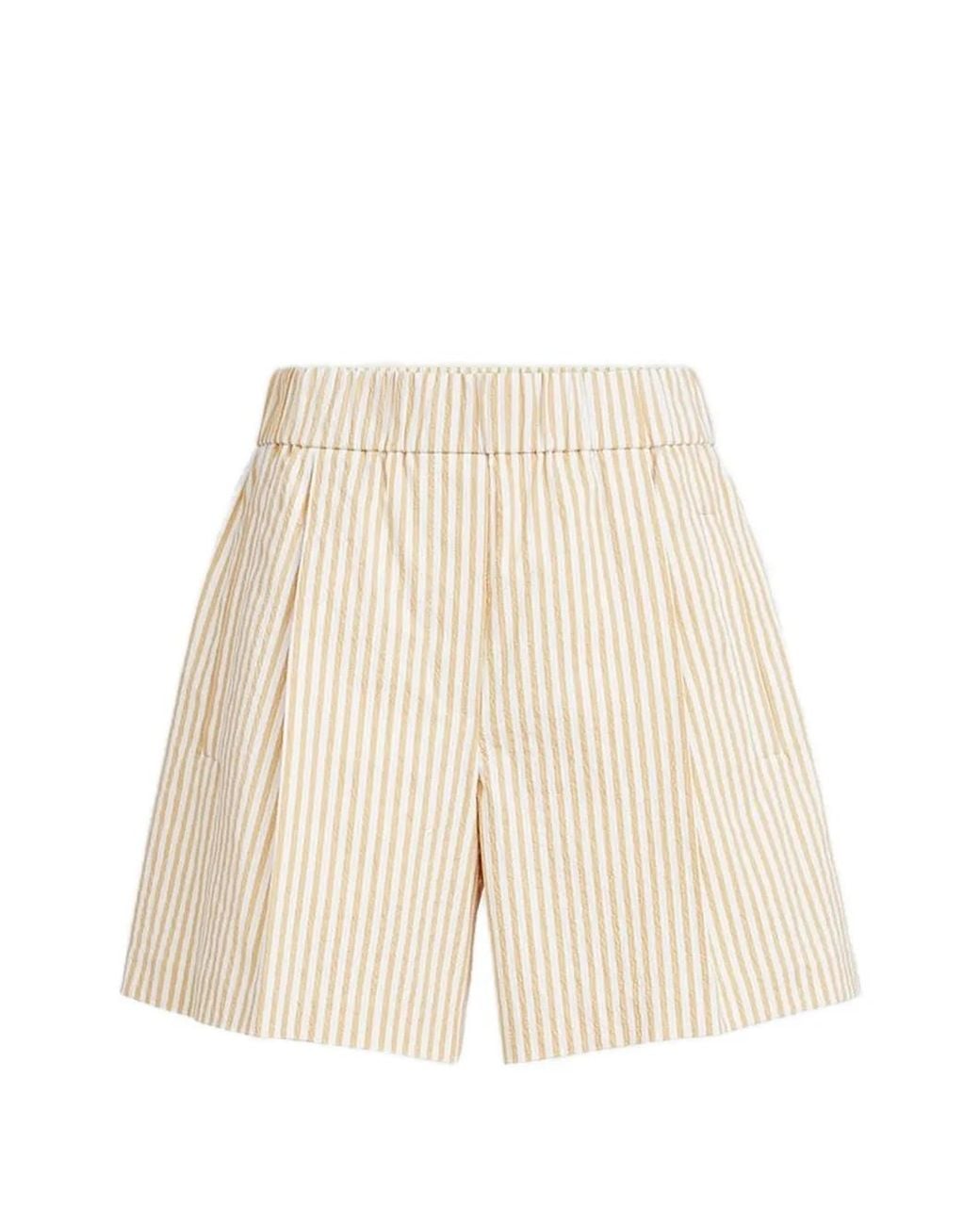 Brunello Cucinelli Natural Techno Cotton Striped Seersucker Shorts With Monili