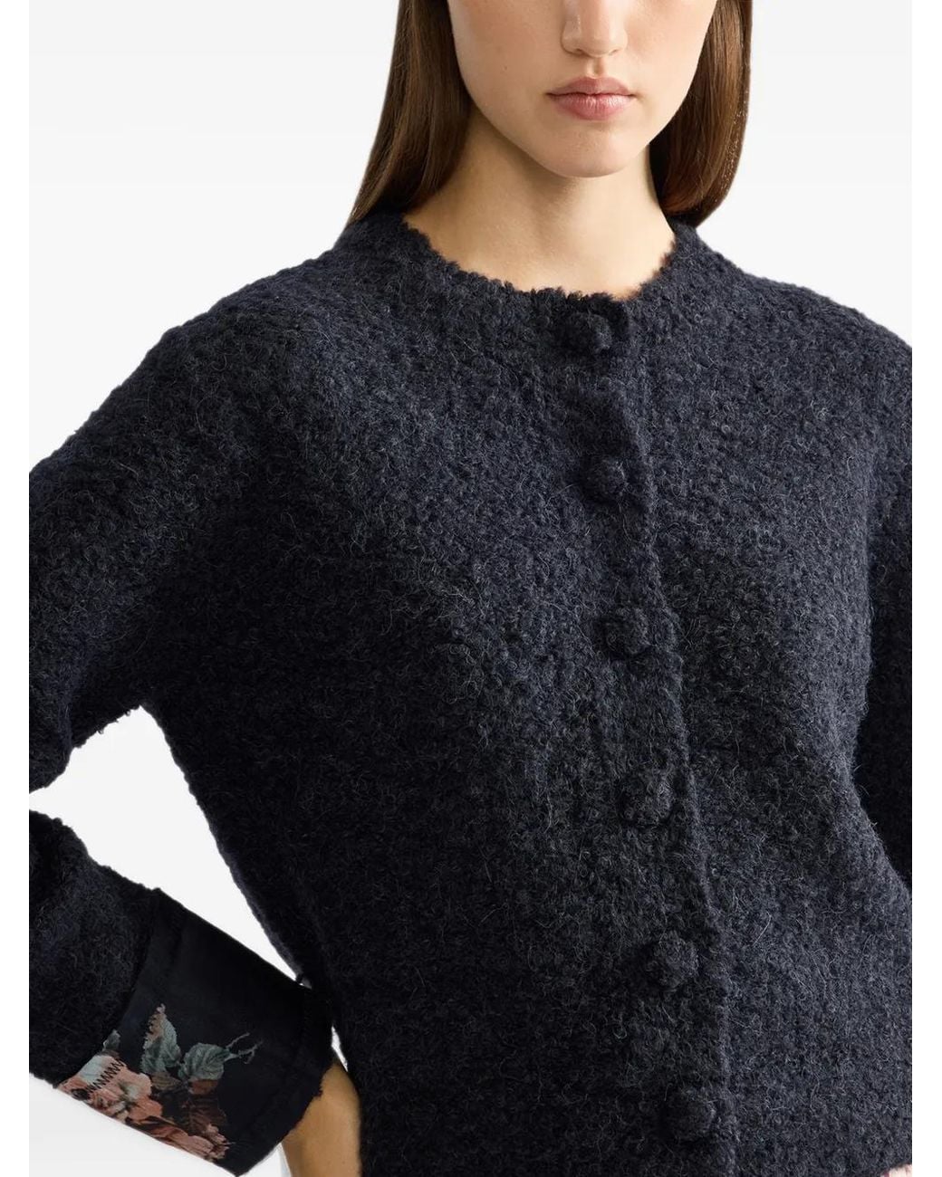 Erdem Blue Bouclé Floral-Cuff Cardigan