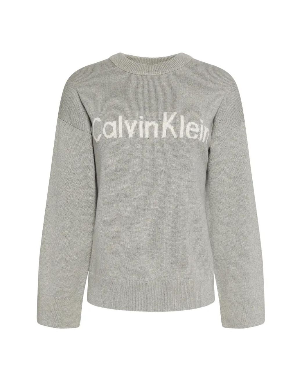 Calvin Klein Gray Logo-Intarsia Crew-Neck Sweater
