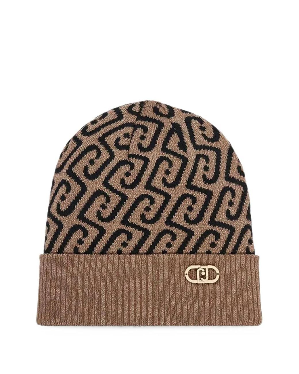 Liu Jo Brown Monogram-Pattern Ribbed-Trim Beanie Hat