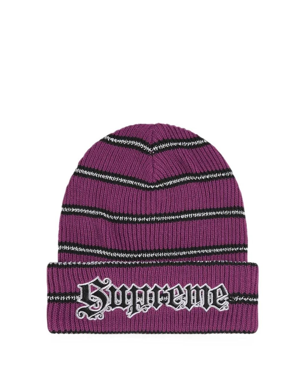Supreme Purple Metallic-Stripe Beanie Hat for men