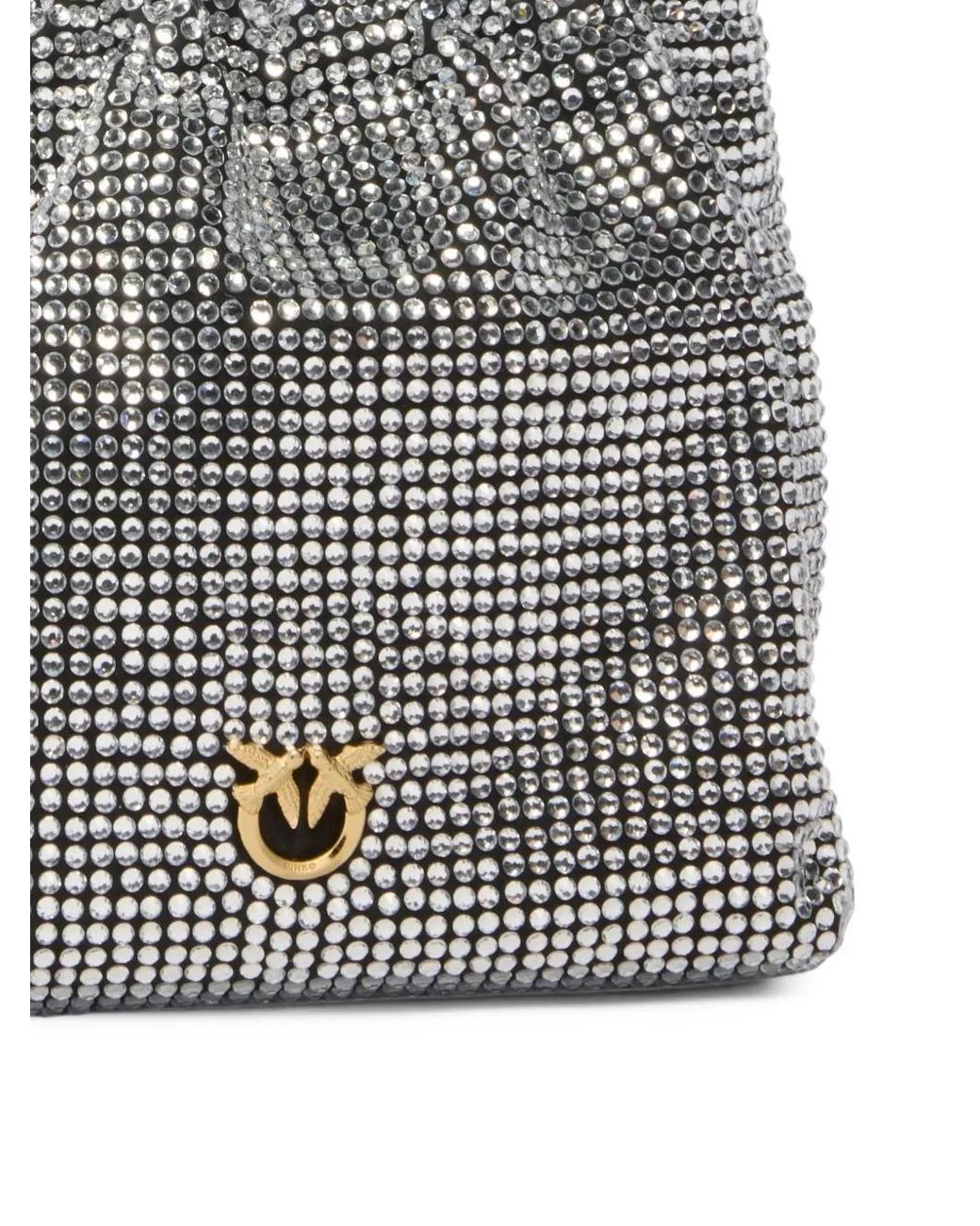 Pinko White Fully Rhinestoned Shoulder Bucket Bag With Fur-Effect Shoulder Strap