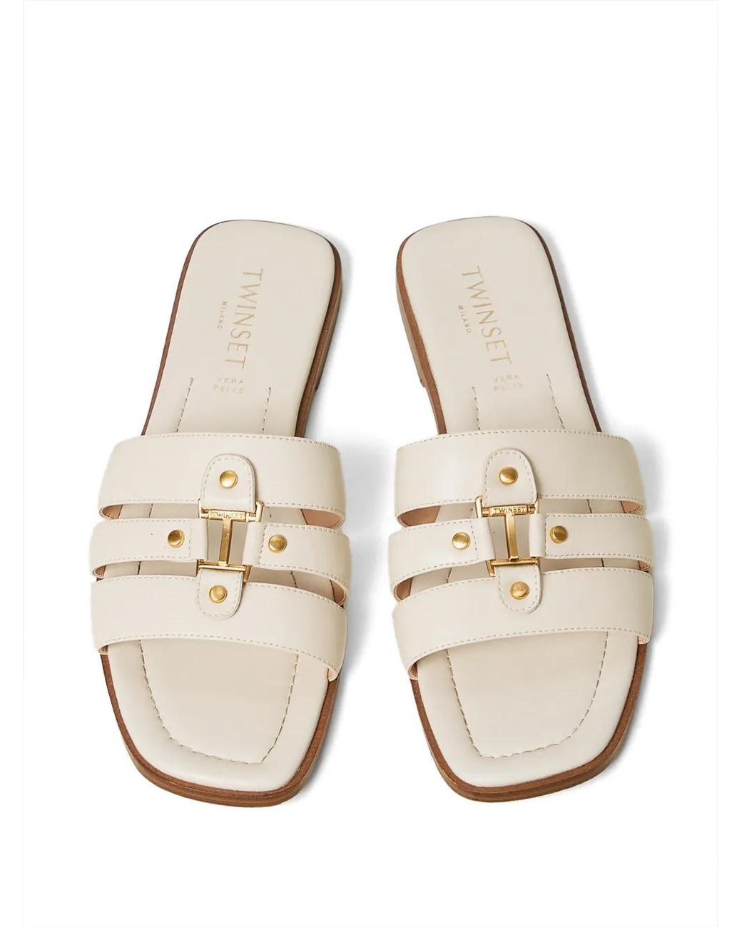 Twinset White Leather Sliders With Logo