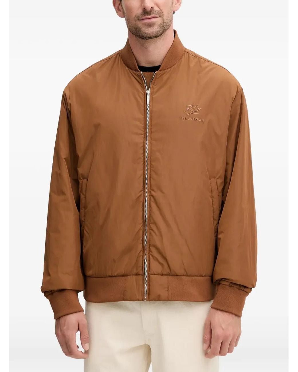 Karl Lagerfeld Brown Logo-Embroidered Bomber Jacket for men