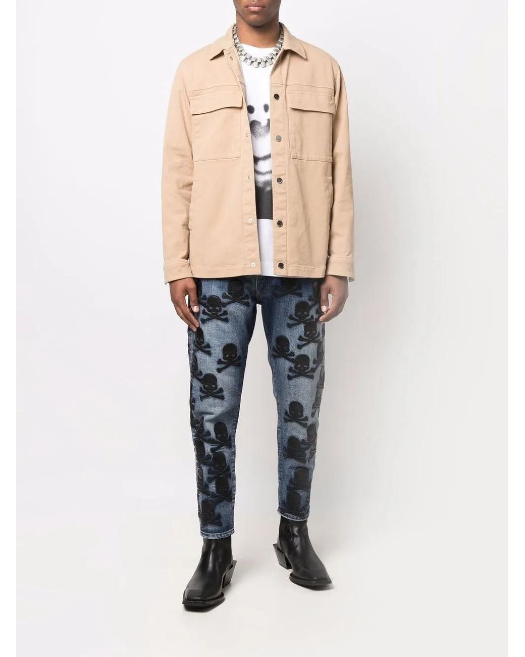Philipp Plein Blue Skull-Patch Tapered Jeans for men