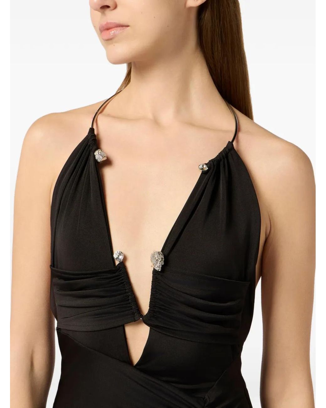 Philipp Plein Black Robe Longue Brillante Skull Piercing