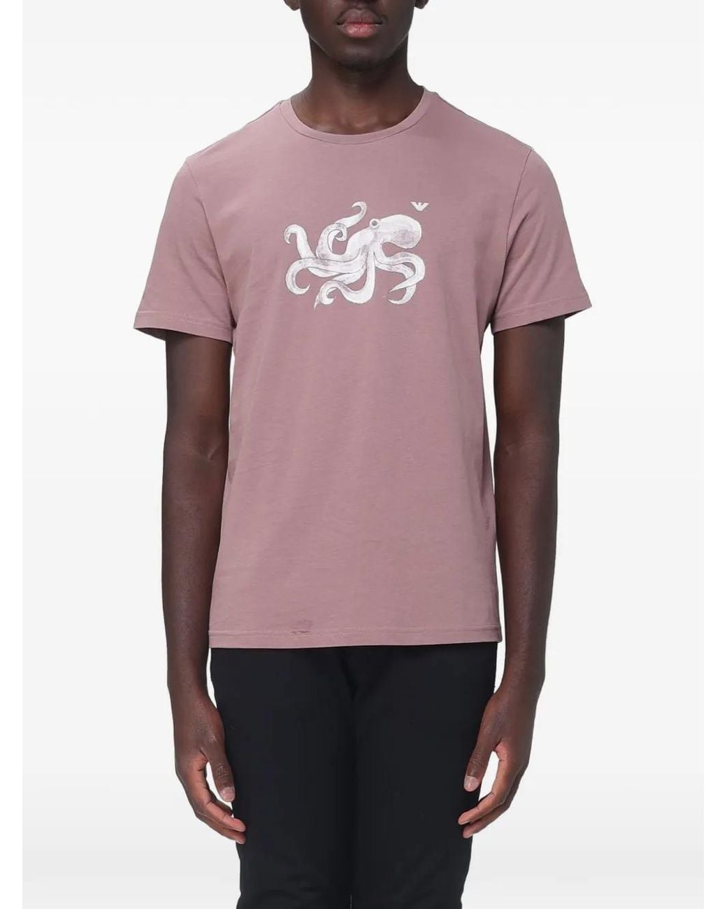Emporio Armani Pink Octopus-Print Logo-Patch T-Shirt for men