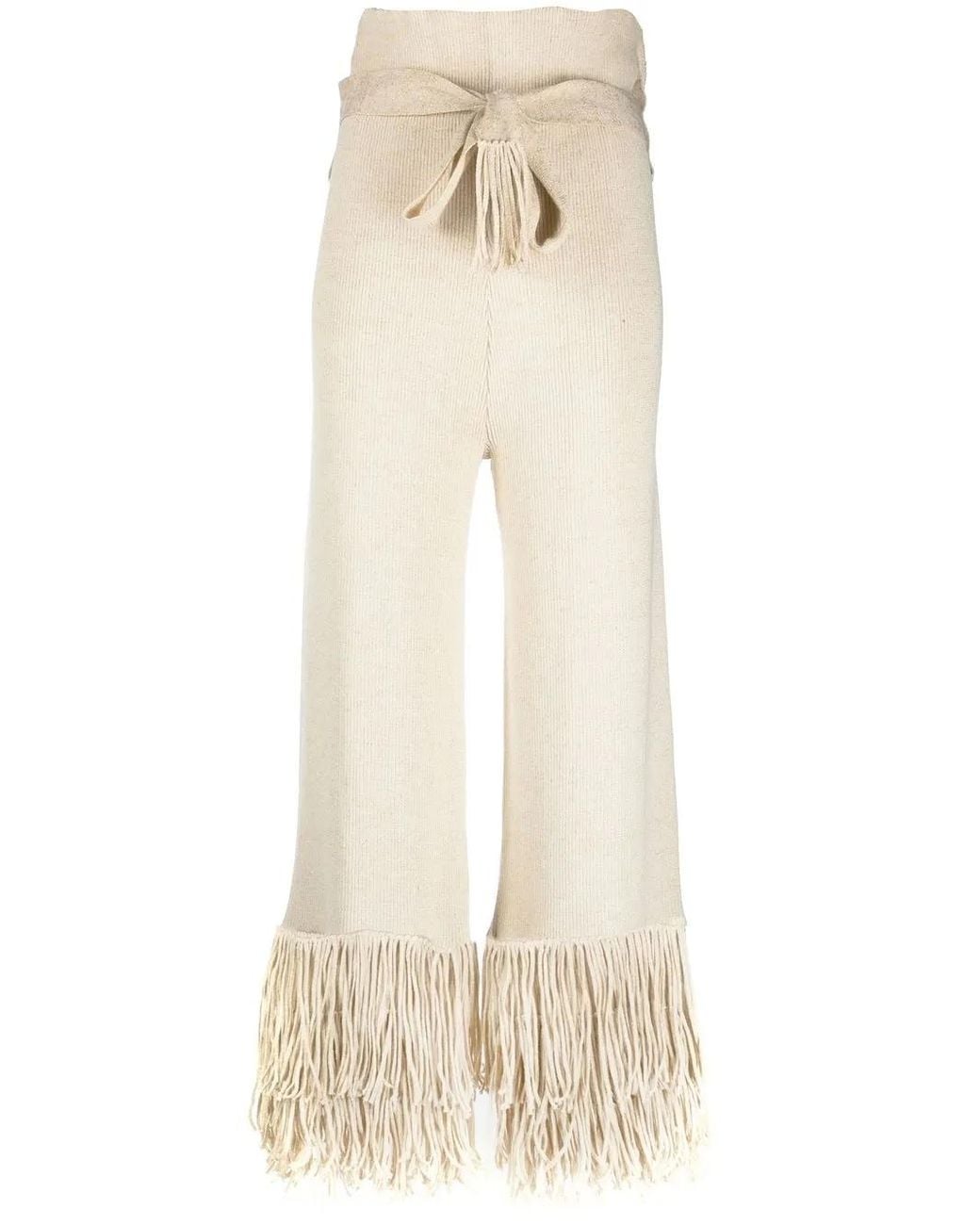 Lukhanyo Mdingi Natural Ribbed-Knit Tassel-Trim Trousers