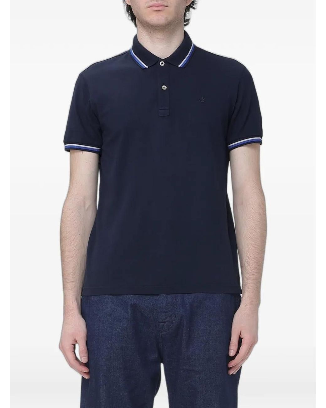 Brooksfield Blue Logo-Embroidered Striped-Trim Polo Shirt for men